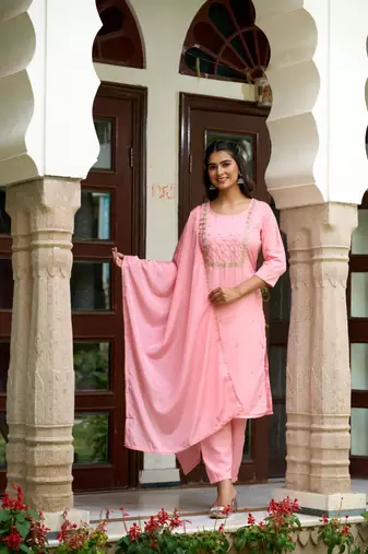 Pink Rayon Slub Embroidered work Straight cut Kurta Pant and Dupatta Set