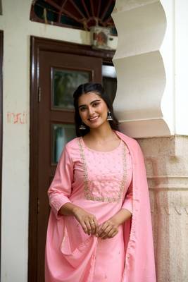 Pink Rayon Slub Embroidered work Straight cut Kurta Pant and Dupatta Set 4