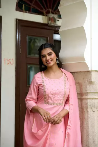 Pink Rayon Slub Embroidered work Straight cut Kurta Pant and Dupatta Set