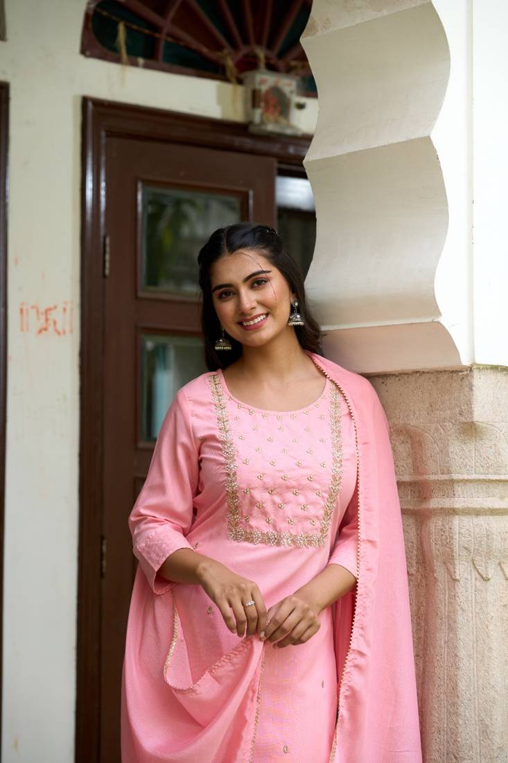 Pink Rayon Slub Fabric Embroidered work Straight cut Kurta, Pant and Dupatta Set