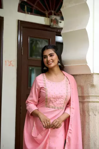Pink Rayon Slub Embroidered work Straight cut Kurta Pant and Dupatta Set