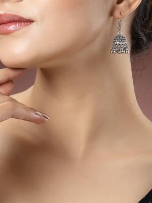 Women silver-toned german silver oxidised dome shaped jhumka earrings 1