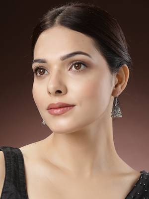 Women silver-toned german silver oxidised dome shaped jhumka earrings 2