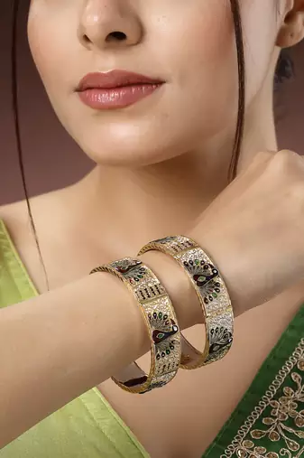 Women set of 2 gold-plated peacock design meenakari handcrafted bangles