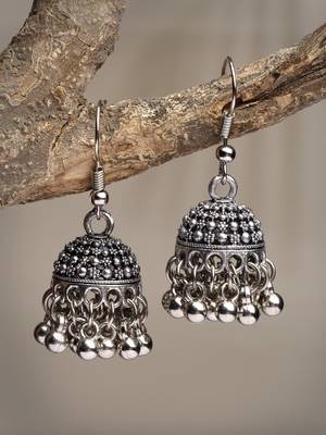 Women silver-toned german silver oxidised dome shaped jhumka earrings 3