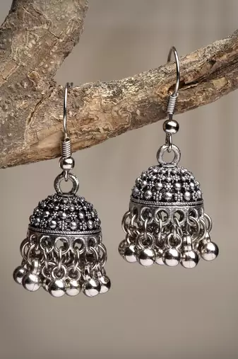 Women silver-toned german silver oxidised dome shaped jhumka earrings