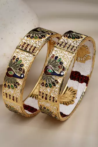 Women set of 2 gold-plated peacock design meenakari handcrafted bangles