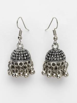 Women silver-toned german silver oxidised dome shaped jhumka earrings 4