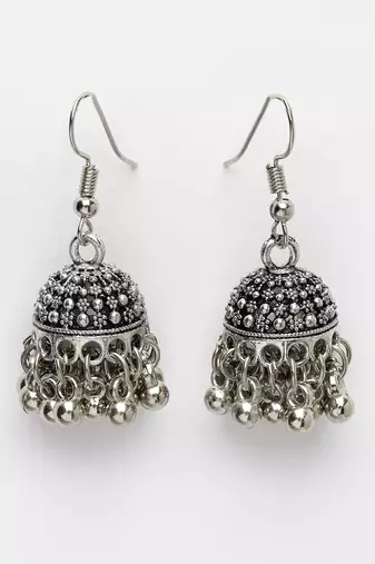 Women silver-toned german silver oxidised dome shaped jhumka earrings