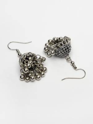 Women silver-toned german silver oxidised dome shaped jhumka earrings 5
