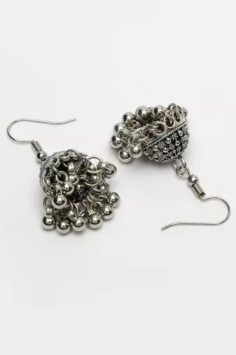 Women silver-toned german silver oxidised dome shaped jhumka earrings