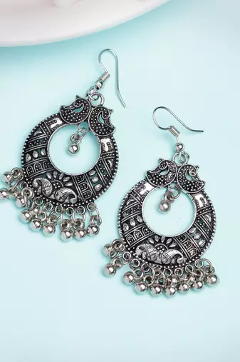 Women silver-plated german silver oxidised chandbali earrings