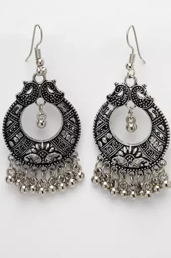 Women silver-plated german silver oxidised chandbali earrings