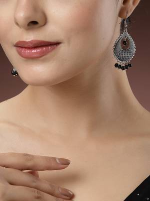 Women silver-plated artificial beads german silver oxidised chandbali earrings 1