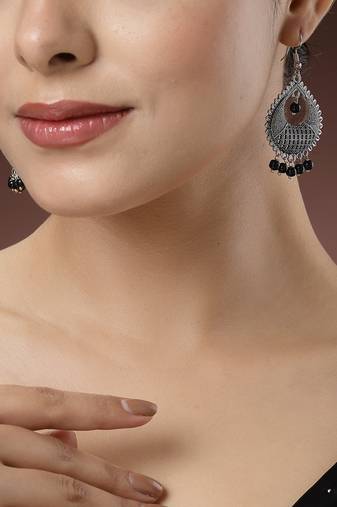 Women silver-plated artificial beads german silver oxidised chandbali earrings