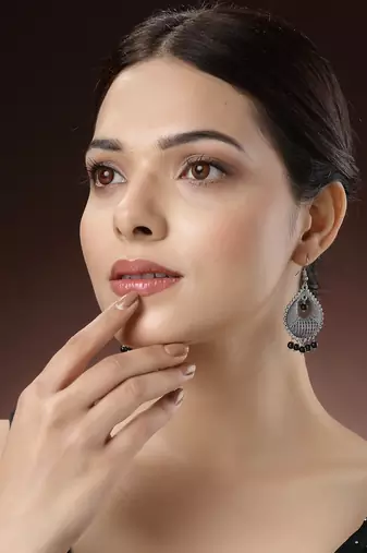 Women silver-plated artificial beads german silver oxidised chandbali earrings