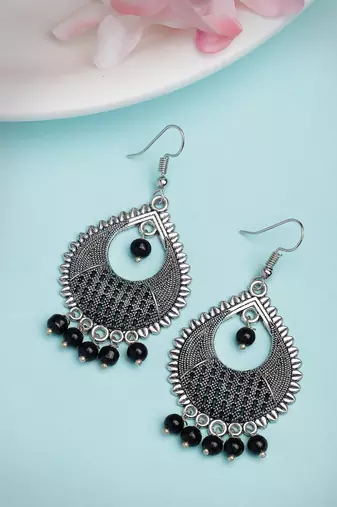 Women silver-plated artificial beads german silver oxidised chandbali earrings