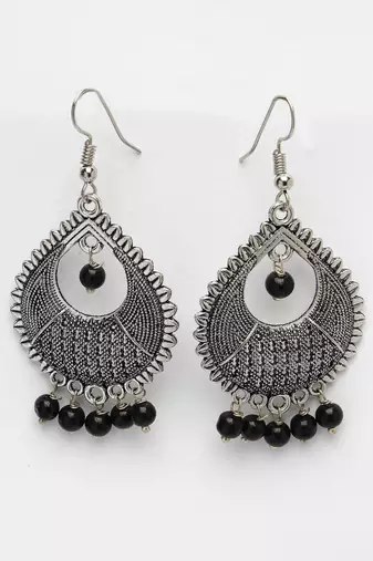 Women silver-plated artificial beads german silver oxidised chandbali earrings