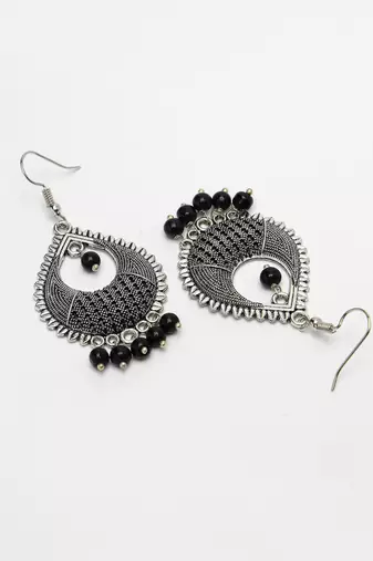Women silver-plated artificial beads german silver oxidised chandbali earrings