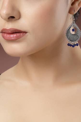 Women silver-plated artificial beads german silver oxidised chandbali earrings