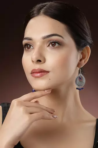 Women silver-plated artificial beads german silver oxidised chandbali earrings