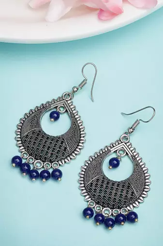 Women silver-plated artificial beads german silver oxidised chandbali earrings