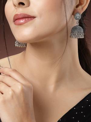 Women silver-toned german silver oxidised dome shaped jhumka earrings 1