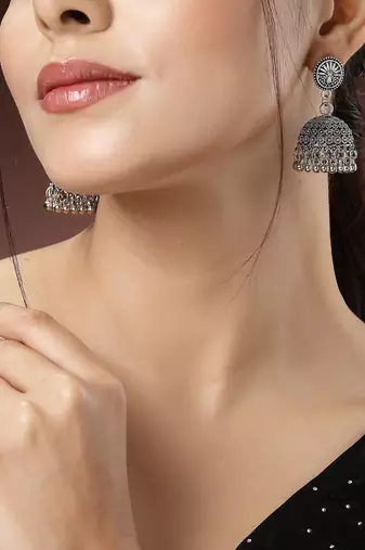 Women silver-toned german silver oxidised dome shaped jhumka earrings