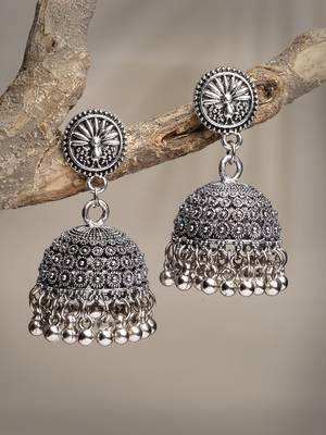 Women silver-toned german silver oxidised dome shaped jhumka earrings 3