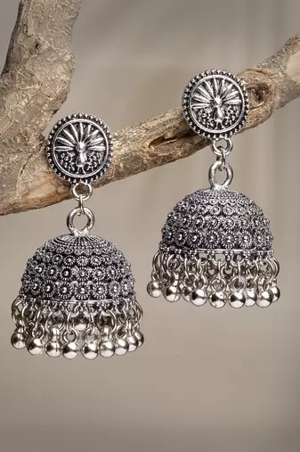 Women silver-toned german silver oxidised dome shaped jhumka earrings