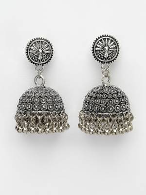 Women silver-toned german silver oxidised dome shaped jhumka earrings 4
