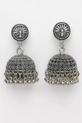 Women silver-toned german silver oxidised dome shaped jhumka earrings