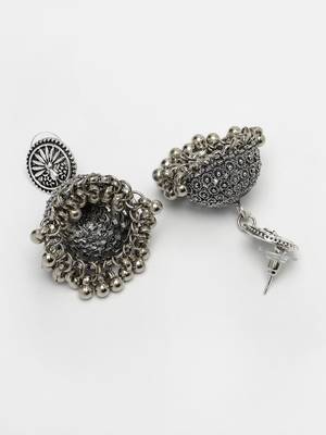 Women silver-toned german silver oxidised dome shaped jhumka earrings 5