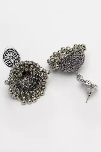 Women silver-toned german silver oxidised dome shaped jhumka earrings