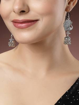 Women silver-toned peacock desing german silver oxidised dome shaped jhumka earrings 1