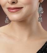 Women silver-toned peacock desing german silver oxidised dome shaped jhumka earrings