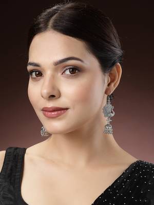 Women silver-toned peacock desing german silver oxidised dome shaped jhumka earrings 2