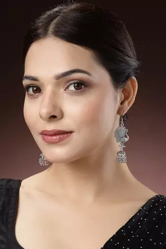 Women silver-toned peacock desing german silver oxidised dome shaped jhumka earrings
