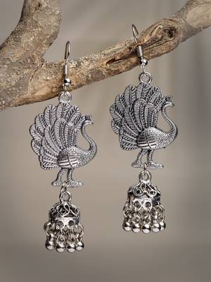 Women silver-toned peacock desing german silver oxidised dome shaped jhumka earrings 3