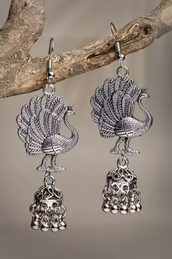 Women silver-toned peacock desing german silver oxidised dome shaped jhumka earrings