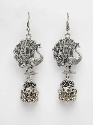 Women silver-toned peacock desing german silver oxidised dome shaped jhumka earrings 4