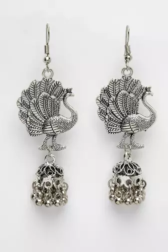 Women silver-toned peacock desing german silver oxidised dome shaped jhumka earrings