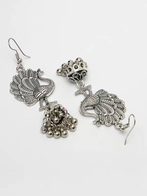 Women silver-toned peacock desing german silver oxidised dome shaped jhumka earrings 5