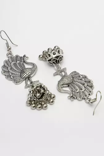 Women silver-toned peacock desing german silver oxidised dome shaped jhumka earrings
