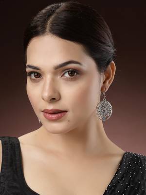 Women silver-toned circular shape german silver oxidised drop earrings 2