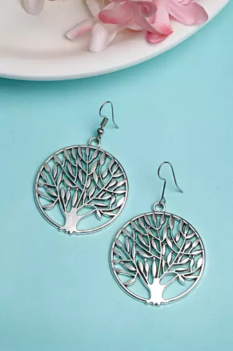 Women silver-toned circular shape german silver oxidised drop earrings