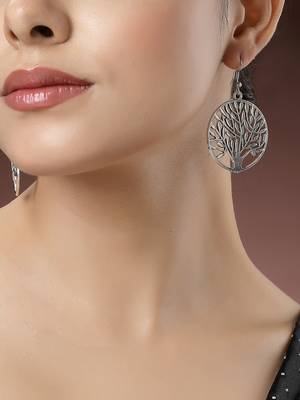 Women silver-toned circular shape german silver oxidised drop earrings 4