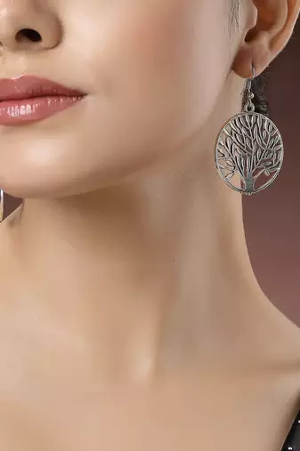 Women silver-toned circular shape german silver oxidised drop earrings