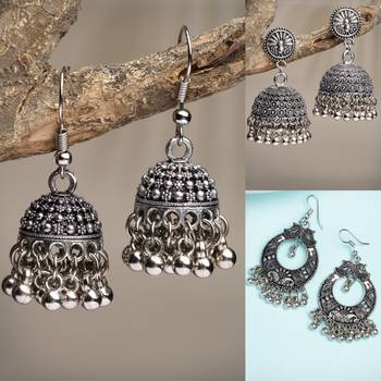 Women set of 3 silver-toned german silver oxidised dome shaped jhumka earrings 1