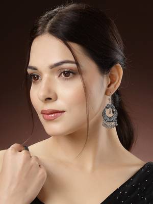 Women set of 3 silver-toned german silver oxidised dome shaped jhumka earrings 2